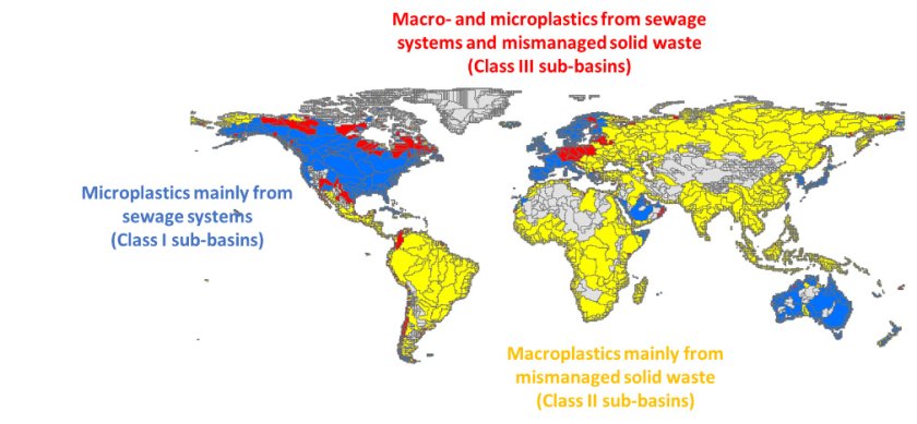 Rivierexport van macro- en microplastics naar kustzeeën vanuit deelstroomgebieden. De kleuren geven aan in welke deelstroomgebieden rivieren voornamelijk macroplastics, microplastics of beide plastics naar de kustzeeën exporteren vanuit rioolstelsels en/of verkeerd beheerd vast afval.